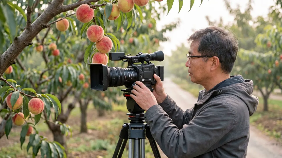 蜜桃视频水蜜桃系列内容创作过程，摄影师在果园中架设拍摄设备拍摄水蜜桃挂枝场景